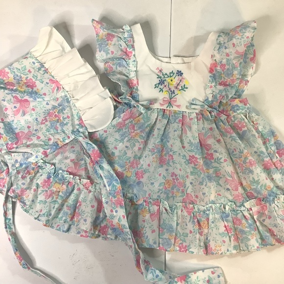 Vintage Cradle Togs Floral Dress And Bonnet Set Embroidered 18 Months - Picture 1 of 8